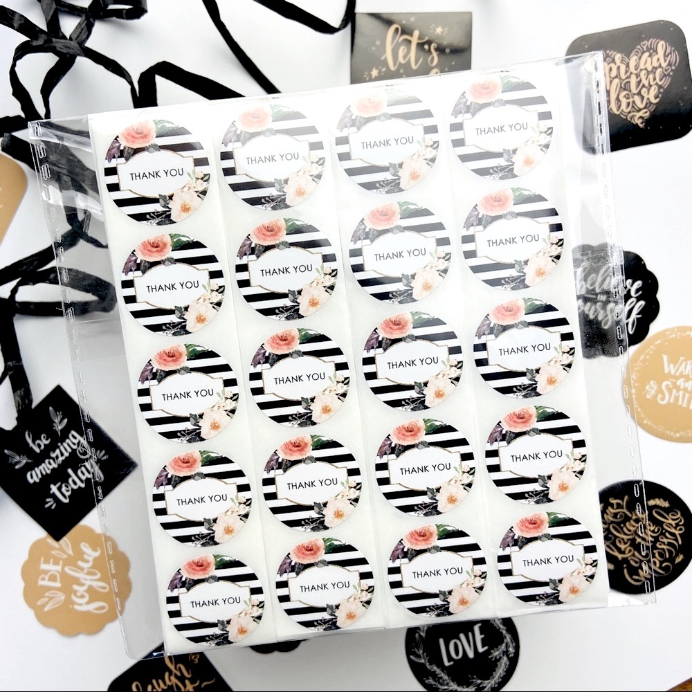 200 Thank You Stickers. Black and White Stripe with Roses. Shipping Supplies